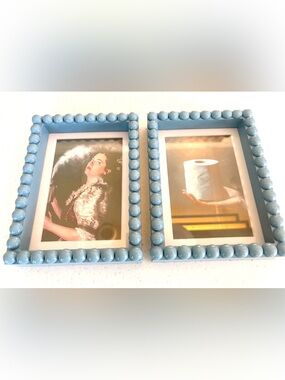2 Beaded Light Blue 5x7 Photo Frames with Glass Funny Bath Art